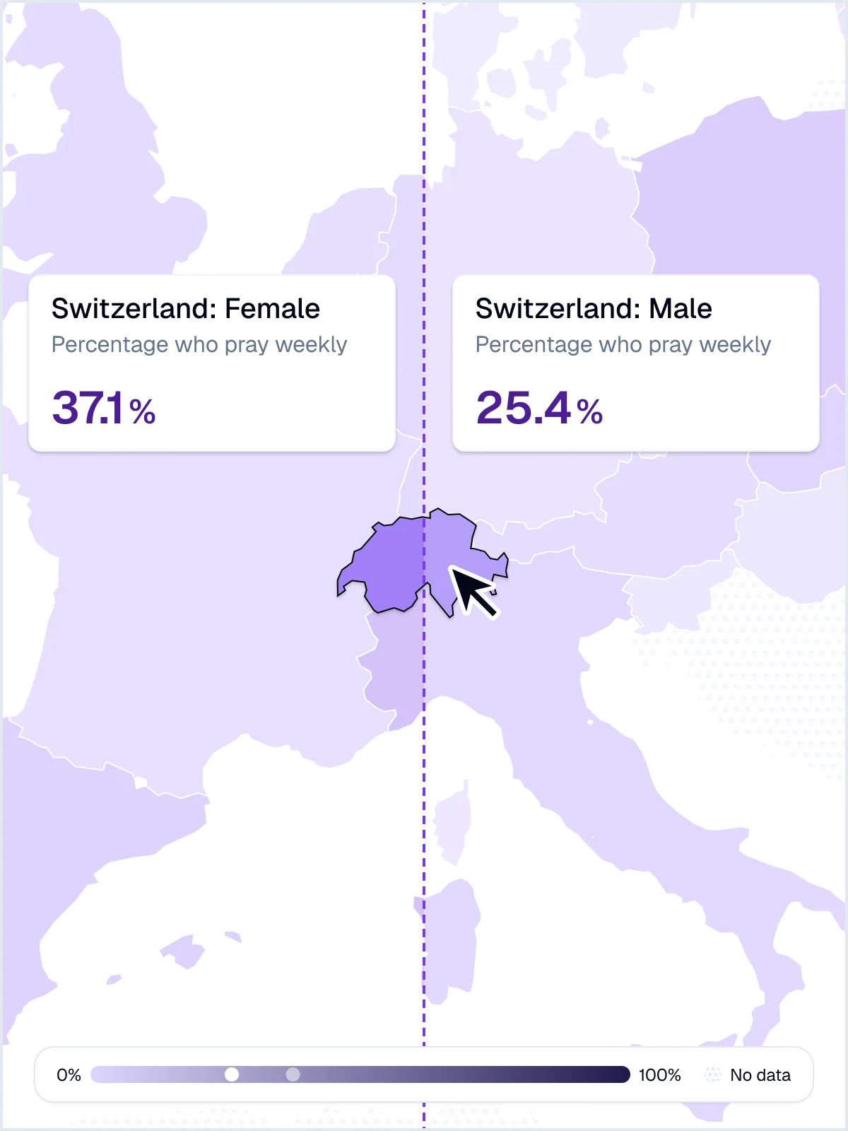 Two maps comparing how often women and men in Switzerland pray weekly.